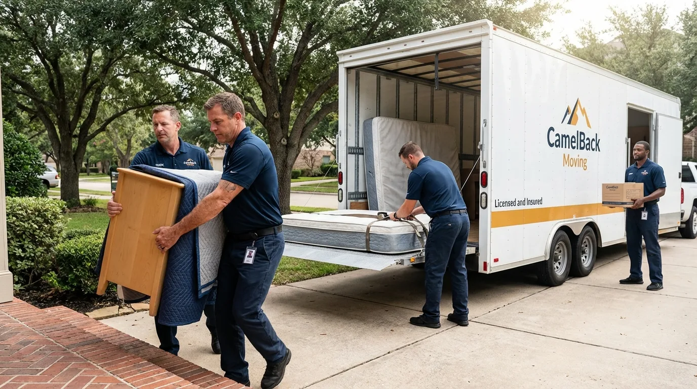 Crew loading residential truck for cross-state move from Avenal, CA