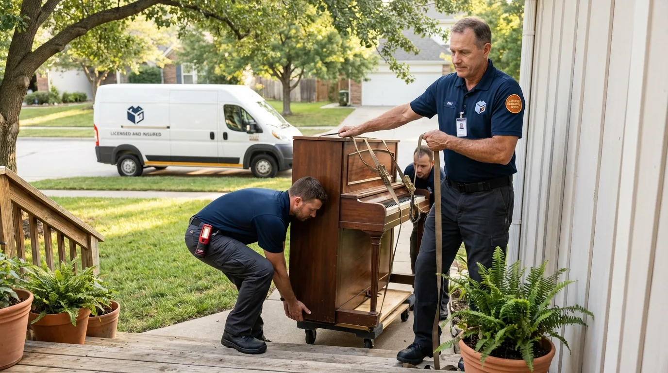 Licensed piano movers securing grand piano in Avenal, CA