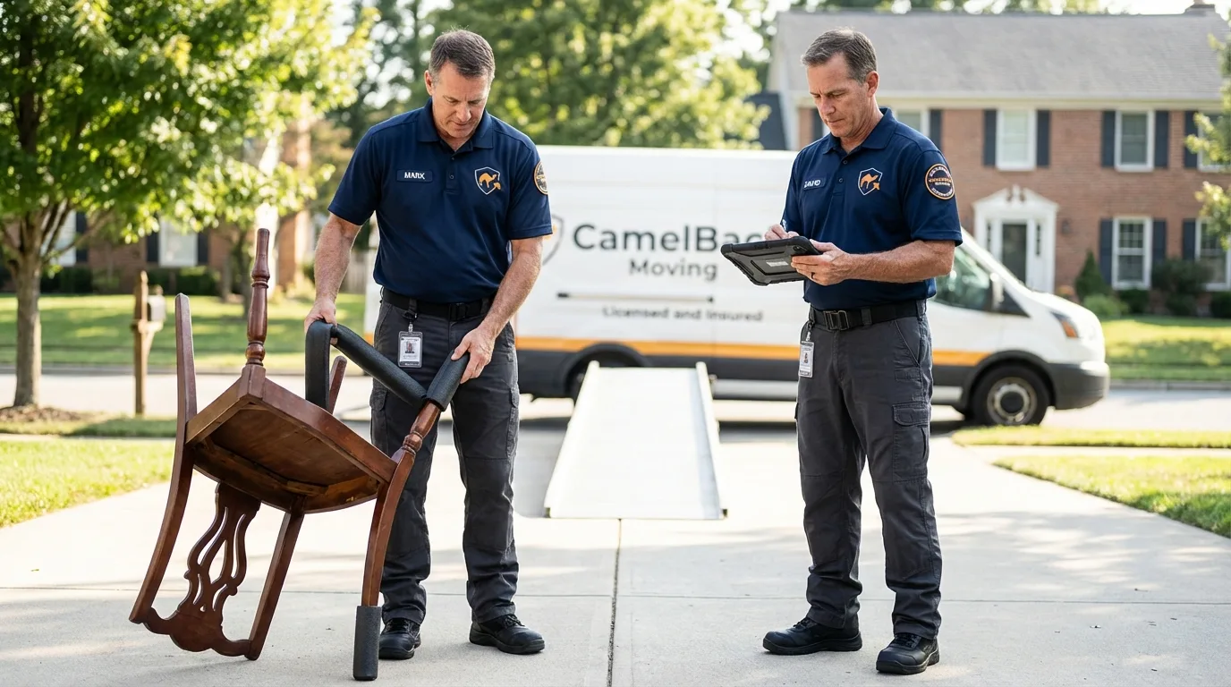 Movers inspecting furniture for damage prevention before loading in Avenal, CA