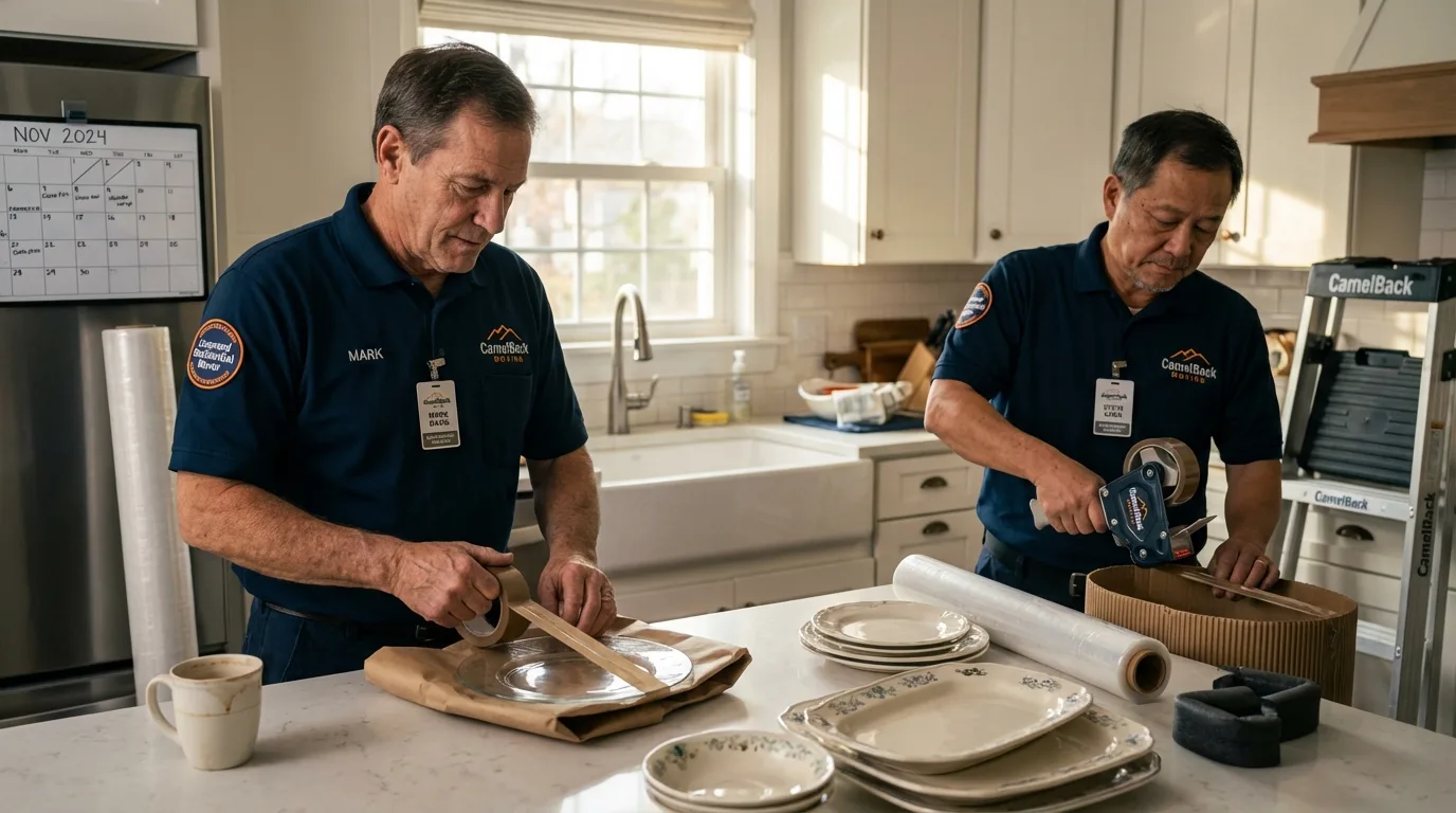 Professional crew packing kitchen dishware in Avenal, CA